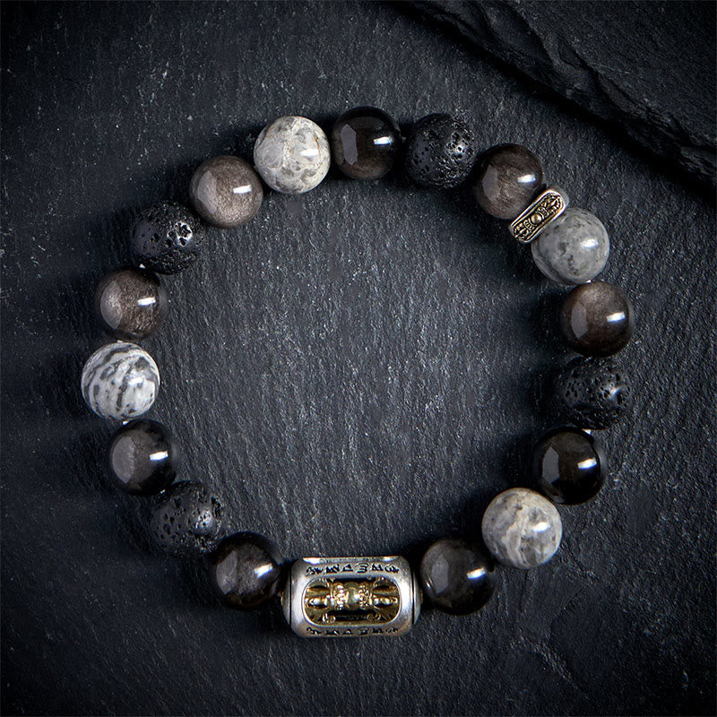 Buddha Stones, silberfarbener Obsidian, Lavagestein, grauer Jaspis, Om Mani Padme Hum Vajra, beruhigendes Armband - image 1