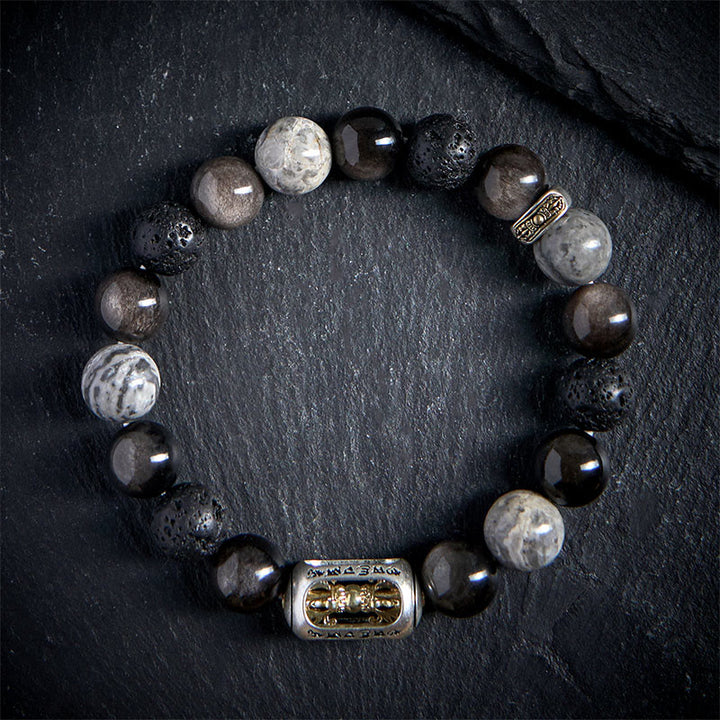 Buddha Stones, silberfarbener Obsidian, Lavagestein, grauer Jaspis, Om Mani Padme Hum Vajra, beruhigendes Armband - image 1