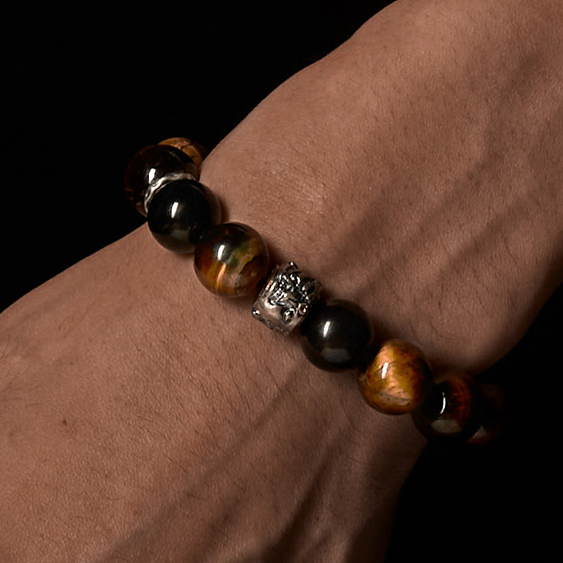 Buddha Stones Tigerauge Silberglanz Obsidian Meditation Buddha Kopf Schutz Armband - image 2