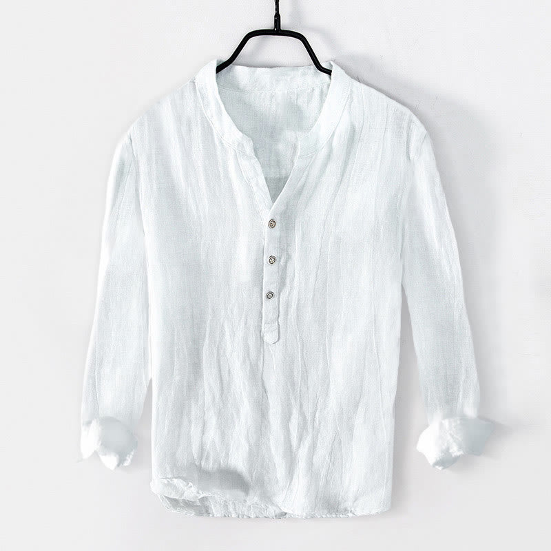 Buddha Stones Einfarbig Kurzarm Halbknopf Hemd Baumwollleinen Herren Kleidung - Langarm - Weiß - US/ UK/AU50,EU60 (5XL) - image 23