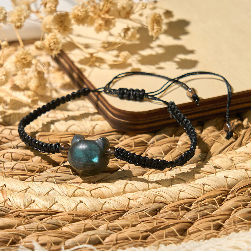 Buddha Stones Natürlicher Labradorit Niedlicher Katzenkopf Schwarzes Seil Heilungsarmband - image 4