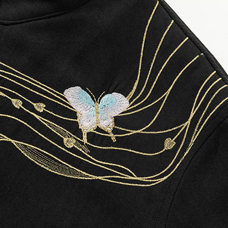 Buddha Stones Winter-Herren-Baumwoll-Langarmjacke mit besticktem Schmetterlingsband und Fleecefutter - image 3