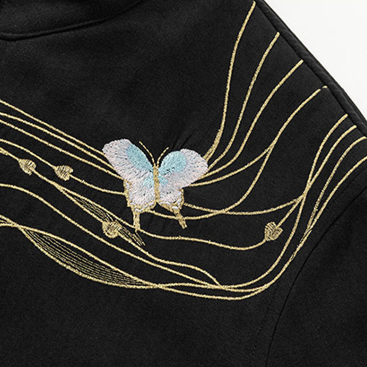 Buddha Stones Winter-Herren-Baumwoll-Langarmjacke mit besticktem Schmetterlingsband und Fleecefutter - image 3