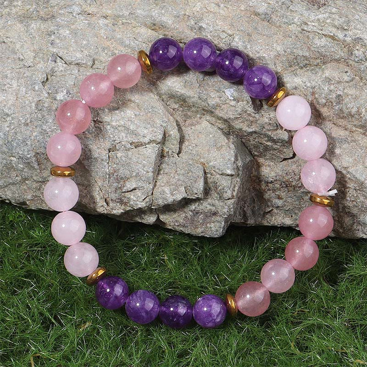 Buddha Stones Amethyst Erdbeerquarz Rosa Kristallperlen Liebe Frieden Armband - image 1