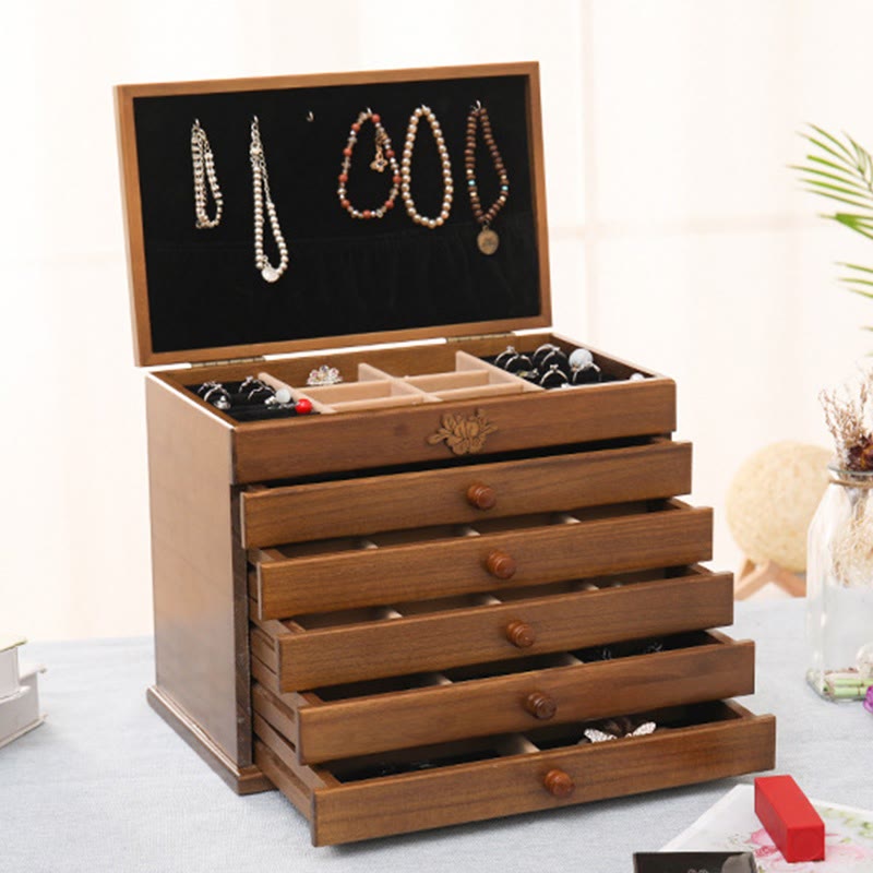 Buddha Stones, großes Fassungsvermögen, Vintage-Blumen, geschnitzte Holz-Schmuckschatulle, sechslagige Schmuck-Aufbewahrungsbox - Wenge-Holzfarbe 32 * 20,6 * 24,7 cm - image 5