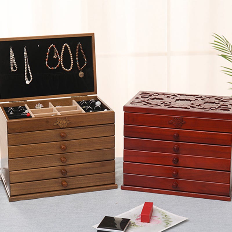 Buddha Stones, großes Fassungsvermögen, Vintage-Blumen, geschnitzte Holz-Schmuckschatulle, sechslagige Schmuck-Aufbewahrungsbox - image 1