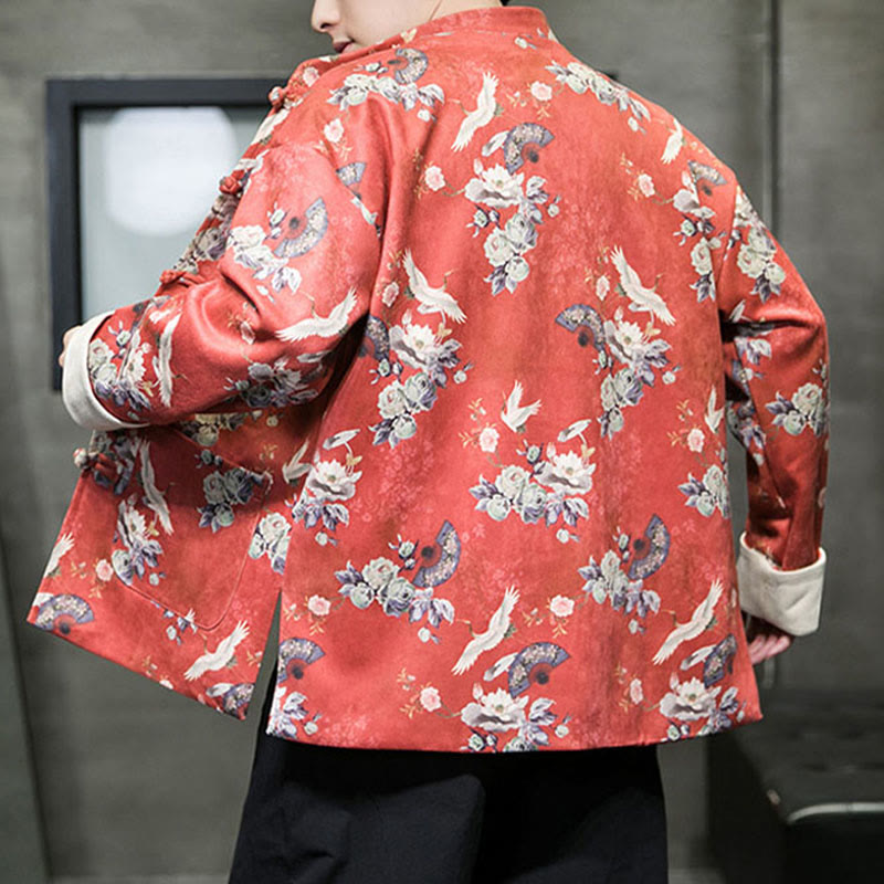 Buddha Stones, chinesische Neujahrskleidung, Blumen, Fächer, Vögel, Froschknopf, Tang-Anzug, Baumwolle, Herrenjacke, Hemd mit Taschen - image 4