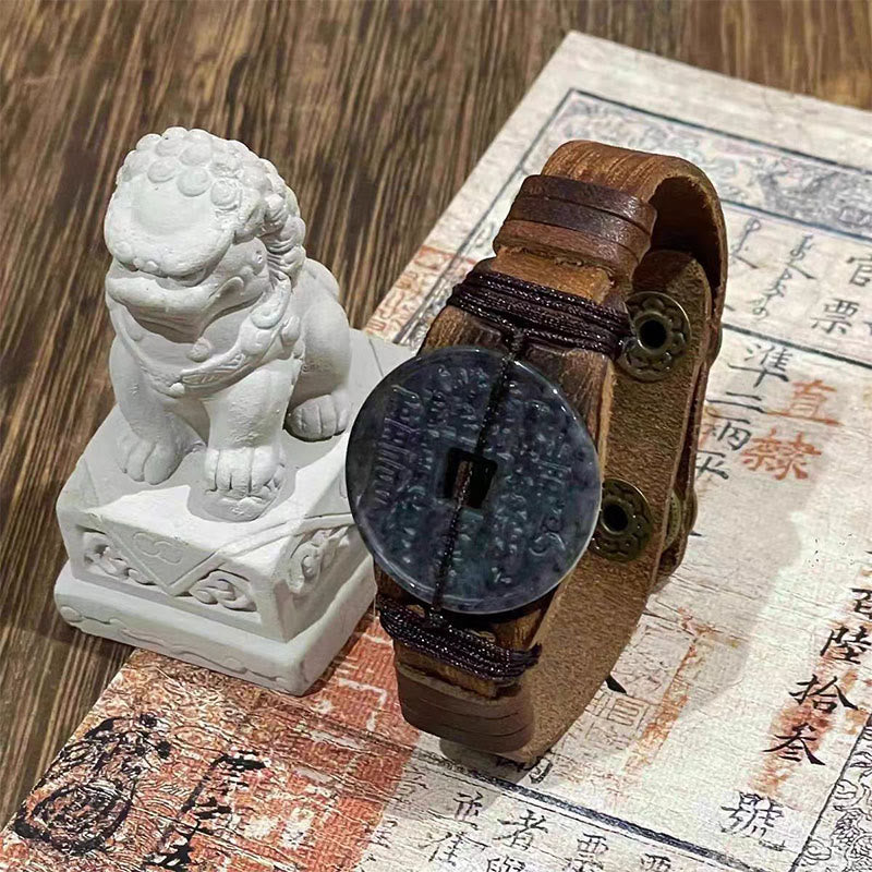 Buddha Stones, Jade, Berggeister, Geld ausgeben, Wohlstand, Lederarmband  - Dunkle Jade (Handgelenkumfang: 15–18 cm) - image 1