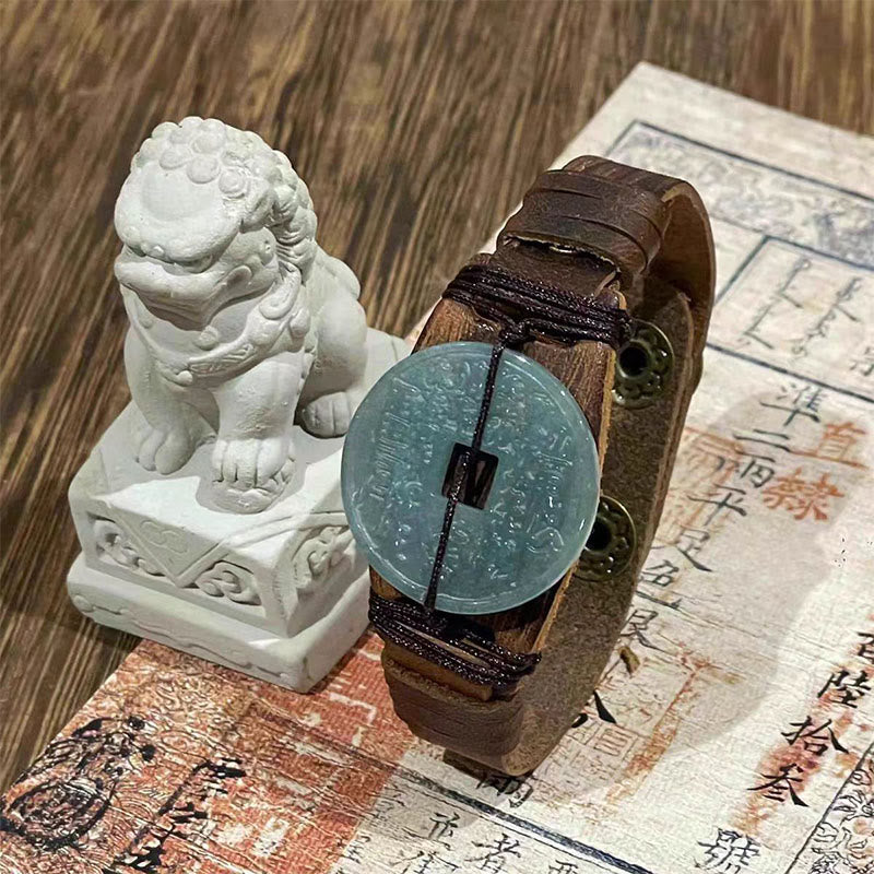 Buddha Stones, Jade, Berggeister, Geld ausgeben, Wohlstand, Lederarmband  - Helle Jade (Handgelenkumfang: 15–18 cm) - image 0