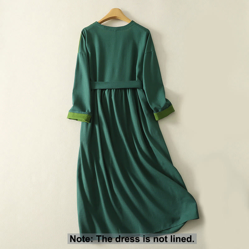 Buddha Stones Patched Color Block Desgin Cotton Damen Langarm-Midikleid mit Taschen - image 1