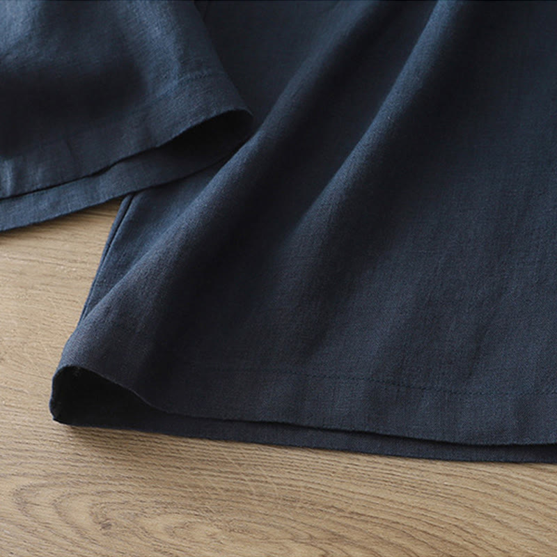 Buddha Stones Damenhose aus einfarbiger Baumwolle mit weitem Bein und Knöpfen und Taschen - image 1