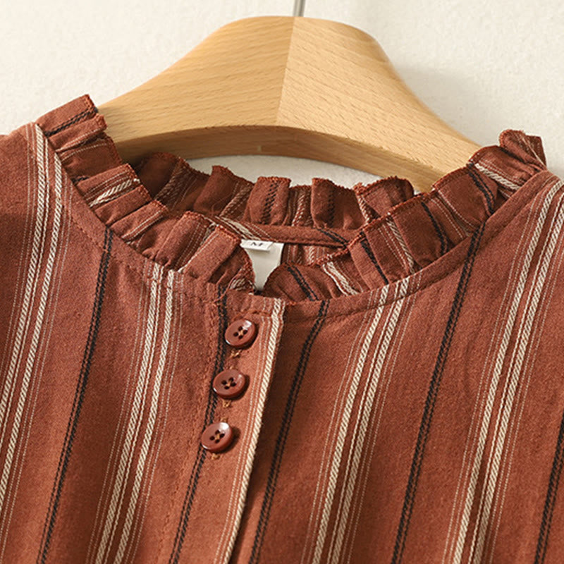 Buddha Stones Lässiges Retro-Streifen-Langarm-Polyesterhemd für Damen - image 1