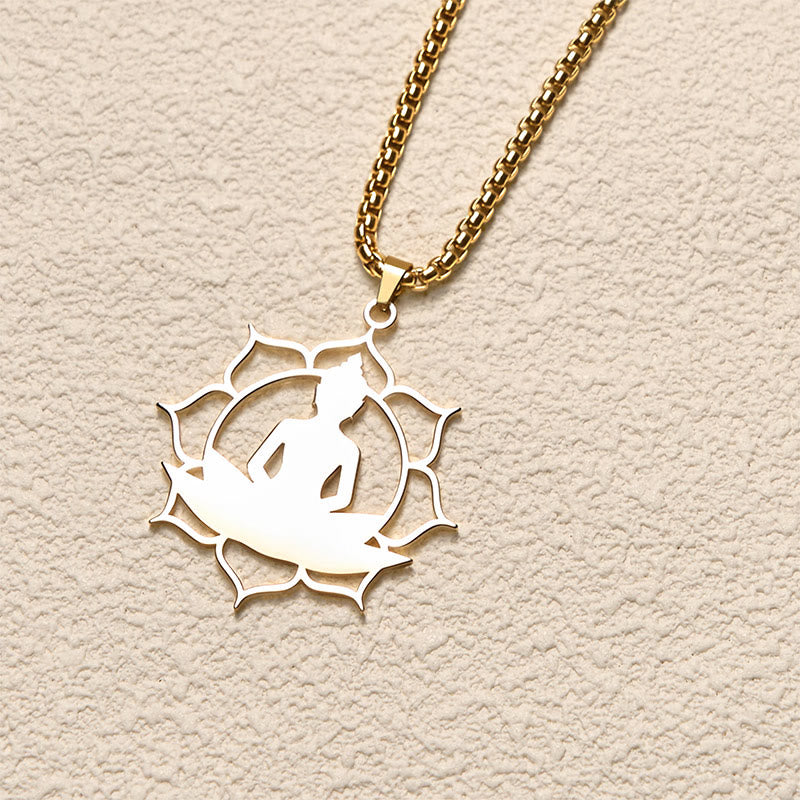 Buddha Stones Vintage Lotus Sitzender Buddha Design Edelstahl Erleuchtung Halskette Anhänger - image 1