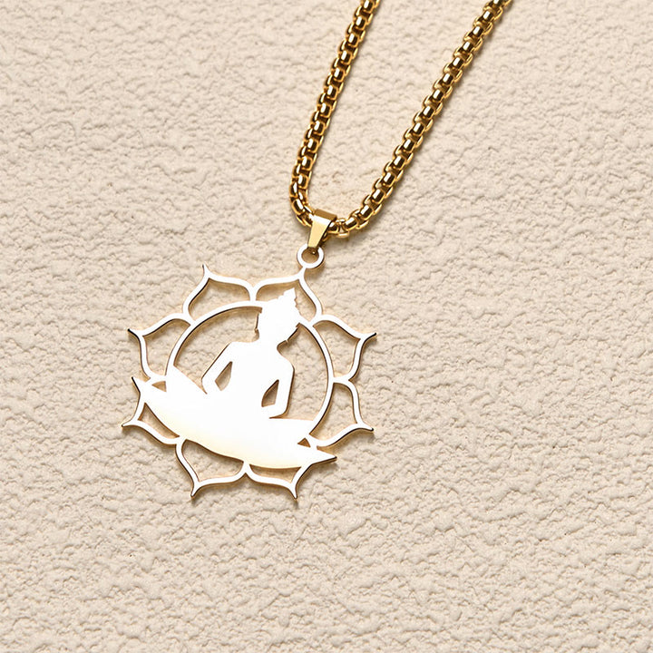 Buddha Stones Vintage Lotus Sitzender Buddha Design Edelstahl Erleuchtung Halskette Anhänger - image 1