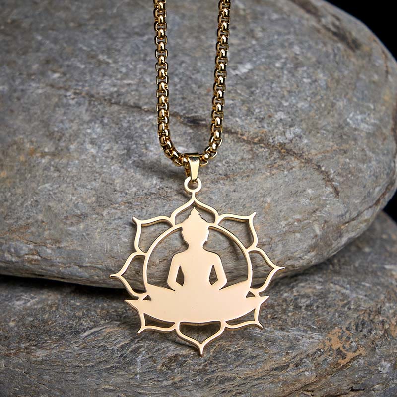 Buddha Stones Vintage Lotus Sitzender Buddha Design Edelstahl Erleuchtung Halskette Anhänger - Gold - image 0