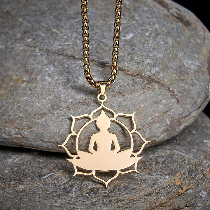 Buddha Stones Vintage Lotus Sitzender Buddha Design Edelstahl Erleuchtung Halskette Anhänger - Gold - image 0