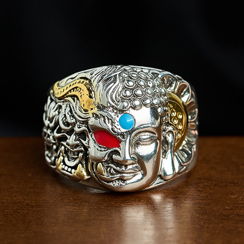 Buddha Stones Halb Dämon Halb Buddha Lotus Kupfer Serenity Verstellbarer Ring - US10 (20 mm) - image 0