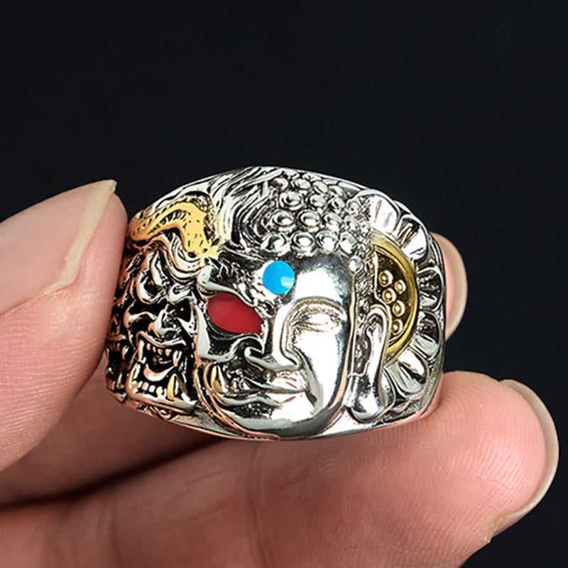 Buddha Stones Halb Dämon Halb Buddha Lotus Kupfer Serenity Verstellbarer Ring - image 1