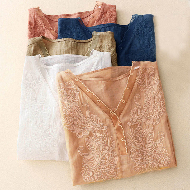 Buddha Stones V-Ausschnitt Schmetterling Damen Halbarm Shirt - image 22