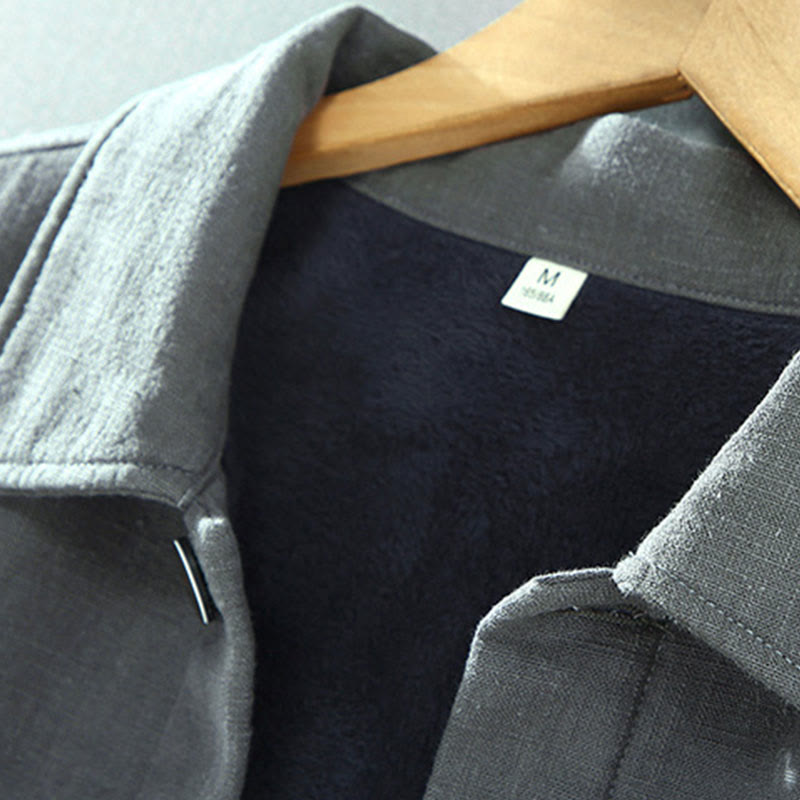 Buddha Stones Herren-Jacke, einfarbig, langärmlig, mit Thermo-Fleece gefüttert, Ramie-Leinen-Baumwoll-Jacke mit Taschen - image 3