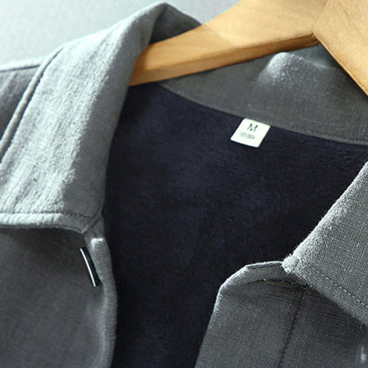 Buddha Stones Herren-Jacke, einfarbig, langärmlig, mit Thermo-Fleece gefüttert, Ramie-Leinen-Baumwoll-Jacke mit Taschen - image 3