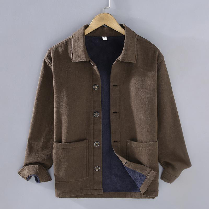 Buddha Stones Herren-Jacke, einfarbig, langärmlig, mit Thermo-Fleece gefüttert, Ramie-Leinen-Baumwoll-Jacke mit Taschen - Sattelbraun - US/ UK/AU42,EU52 (3XL) - image 14