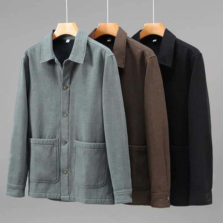 Buddha Stones Herren-Jacke, einfarbig, langärmlig, mit Thermo-Fleece gefüttert, Ramie-Leinen-Baumwoll-Jacke mit Taschen - image 16