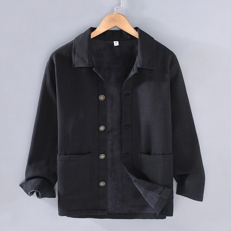 Buddha Stones Herren-Jacke, einfarbig, langärmlig, mit Thermo-Fleece gefüttert, Ramie-Leinen-Baumwoll-Jacke mit Taschen - Schwarz - US/ UK/AU42,EU52 (3XL) - image 11