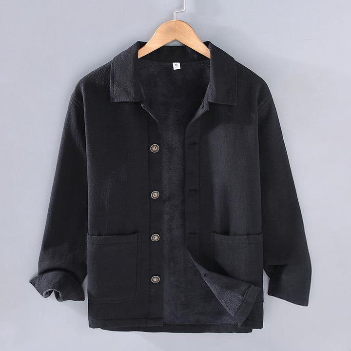 Buddha Stones Herren-Jacke, einfarbig, langärmlig, mit Thermo-Fleece gefüttert, Ramie-Leinen-Baumwoll-Jacke mit Taschen - Schwarz - US/ UK/AU42,EU52 (3XL) - image 11