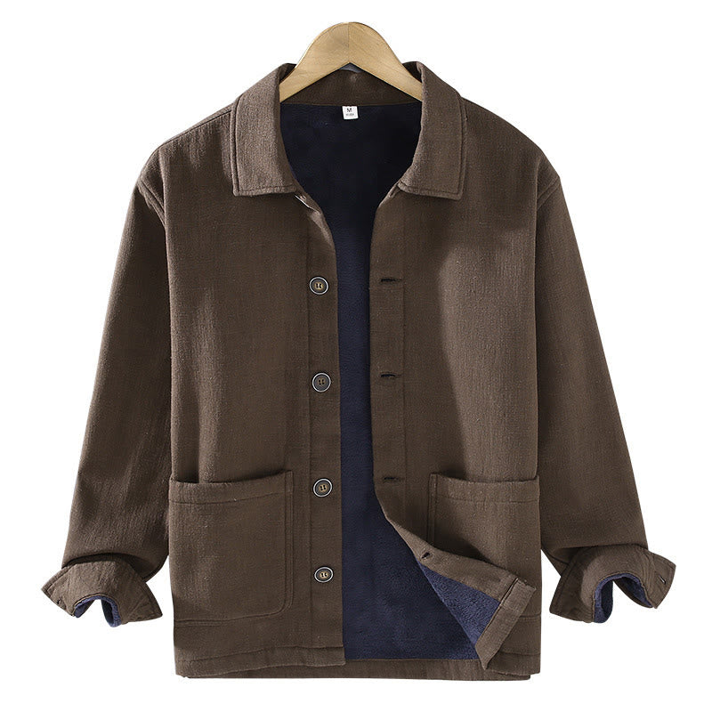 Buddha Stones Herren-Jacke, einfarbig, langärmlig, mit Thermo-Fleece gefüttert, Ramie-Leinen-Baumwoll-Jacke mit Taschen - image 15