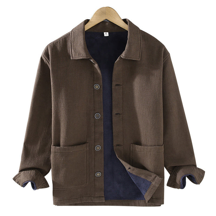 Buddha Stones Herren-Jacke, einfarbig, langärmlig, mit Thermo-Fleece gefüttert, Ramie-Leinen-Baumwoll-Jacke mit Taschen - image 15