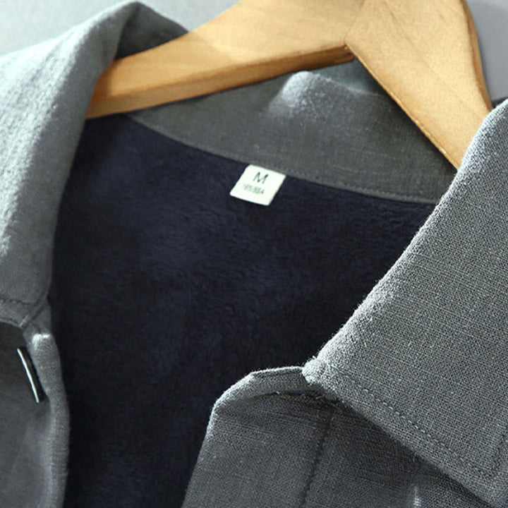 Buddha Stones Herren-Jacke, einfarbig, langärmlig, mit Thermo-Fleece gefüttert, Ramie-Leinen-Baumwoll-Jacke mit Taschen - image 4