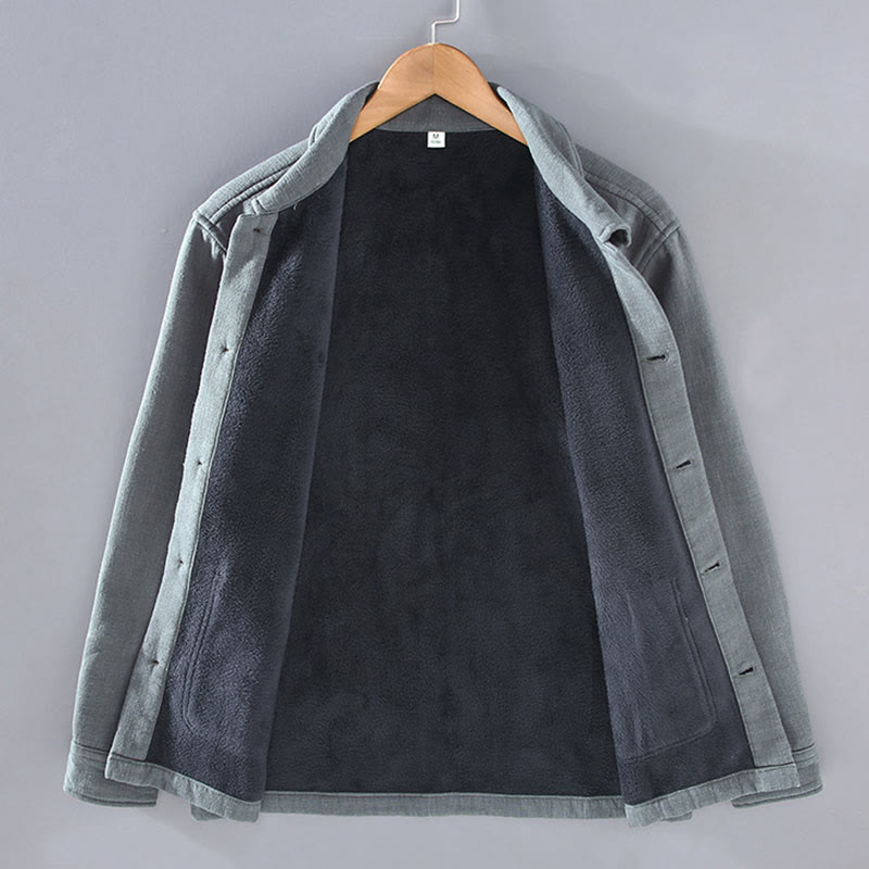 Buddha Stones Herren-Jacke, einfarbig, langärmlig, mit Thermo-Fleece gefüttert, Ramie-Leinen-Baumwoll-Jacke mit Taschen - image 2