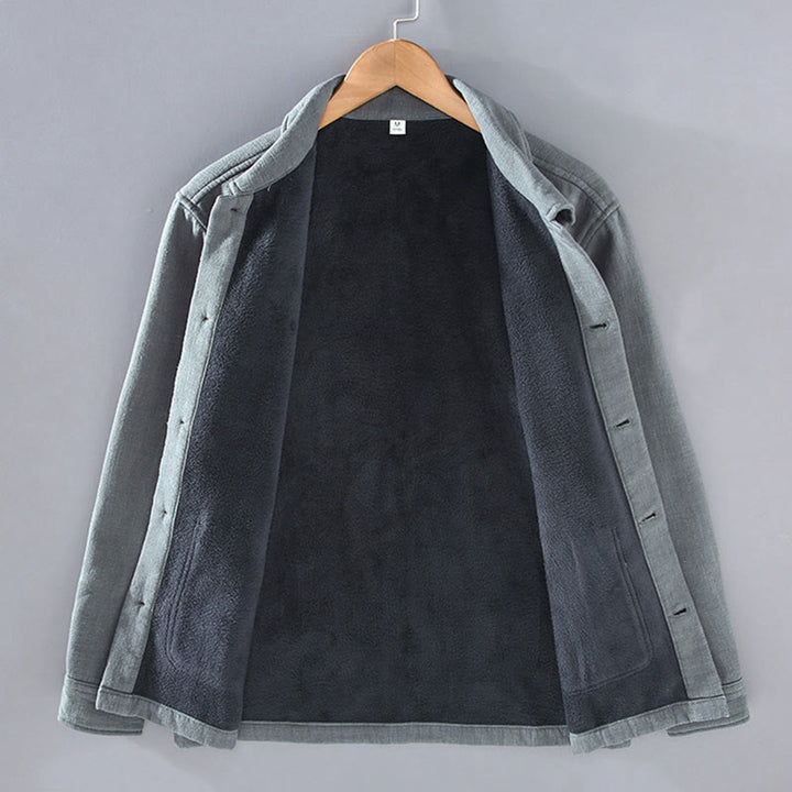 Buddha Stones Herren-Jacke, einfarbig, langärmlig, mit Thermo-Fleece gefüttert, Ramie-Leinen-Baumwoll-Jacke mit Taschen - image 2