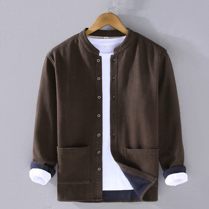 Buddha Stones Herren-Jacke mit Stehkragen, langen Ärmeln, Thermo-Fleece-Futter, Ramie-Baumwolle, mit Taschen - Sattelbraun - US/ UK/AU42,EU52 (3XL) - image 0