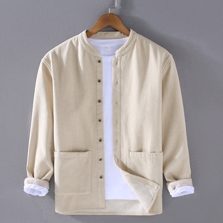 Buddha Stones Herren-Jacke mit Stehkragen, langen Ärmeln, Thermo-Fleece-Futter, Ramie-Baumwolle, mit Taschen - Beige - US/ UK/AU42,EU52 (3XL) - image 4