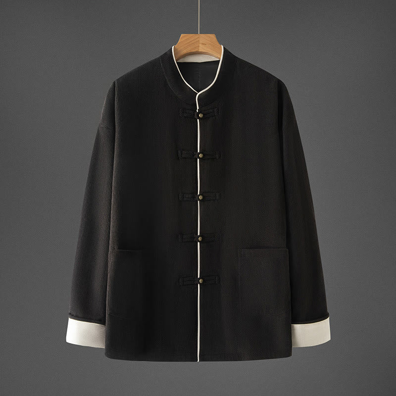 Buddha Stones Herren-Tang-Anzug mit Froschknöpfen, Mandarinkragen, langärmelig, Baumwolle, mit Taschen - Schwarz - US/ UK/AU46,EU56 (5XL) - image 10