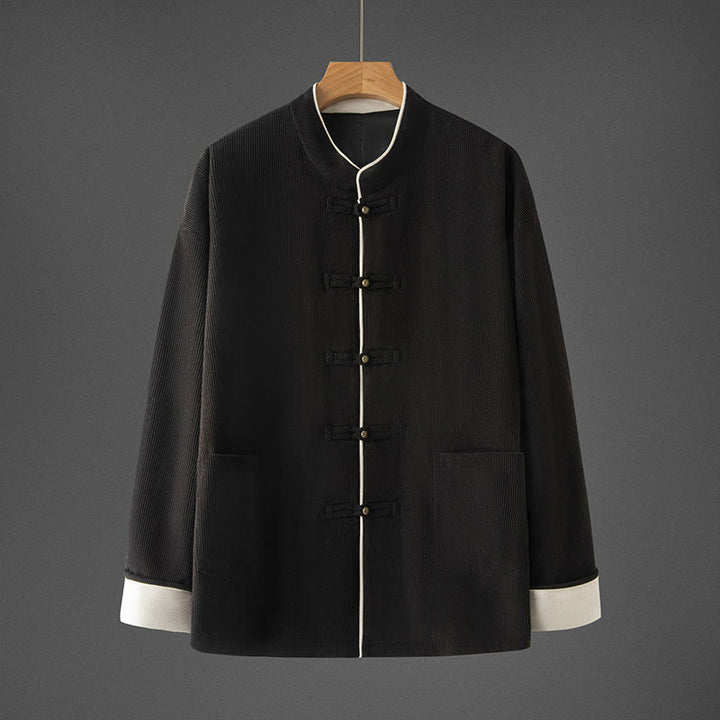 Buddha Stones Herren-Tang-Anzug mit Froschknöpfen, Mandarinkragen, langärmelig, Baumwolle, mit Taschen - Schwarz - US/ UK/AU46,EU56 (5XL) - image 10