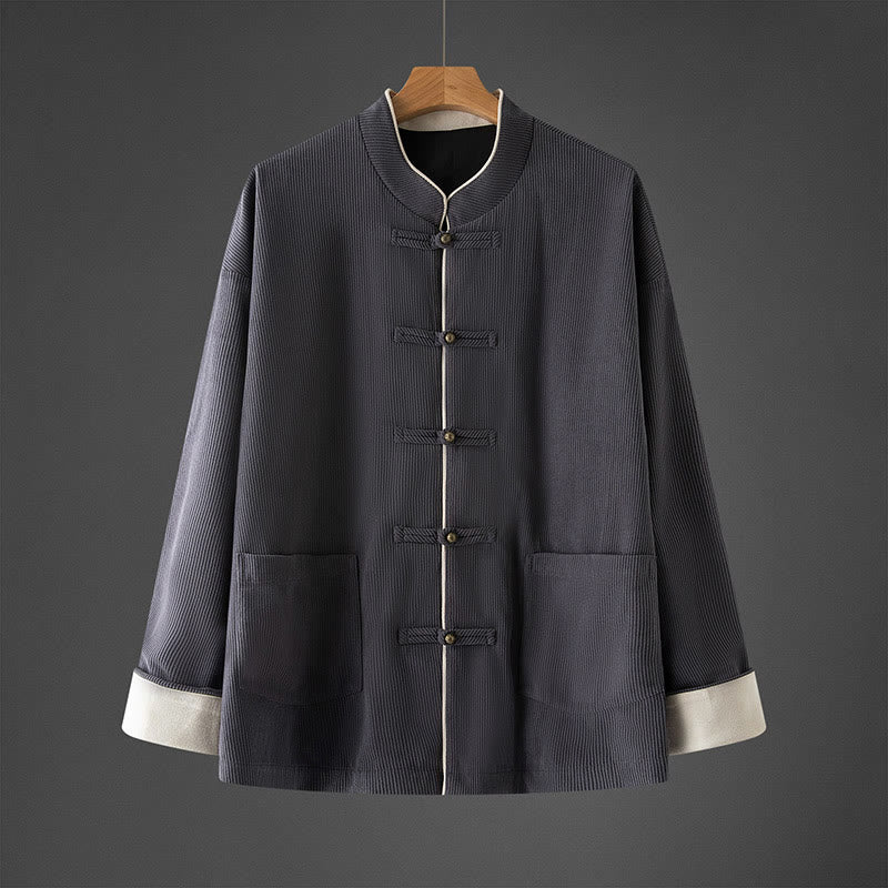 Buddha Stones Herren-Tang-Anzug mit Froschknöpfen, Mandarinkragen, langärmelig, Baumwolle, mit Taschen - Schiefergrau - US/ UK/AU46,EU56 (5XL) - image 0