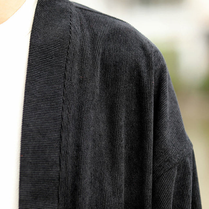 Buddha Stones Einfarbige, vorne offene Langarmjacke für Herren, Kimono aus Baumwollcord mit Taschen - image 19