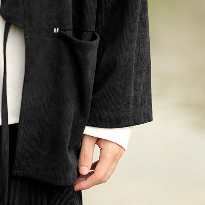 Buddha Stones Einfarbige, vorne offene Langarmjacke für Herren, Kimono aus Baumwollcord mit Taschen - image 22