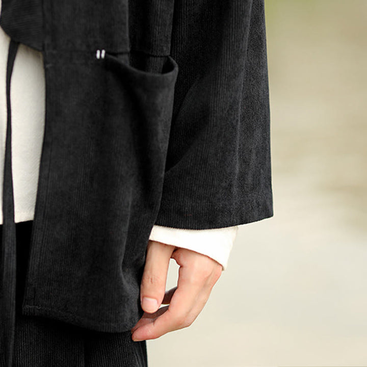 Buddha Stones Einfarbige, vorne offene Langarmjacke für Herren, Kimono aus Baumwollcord mit Taschen - image 22