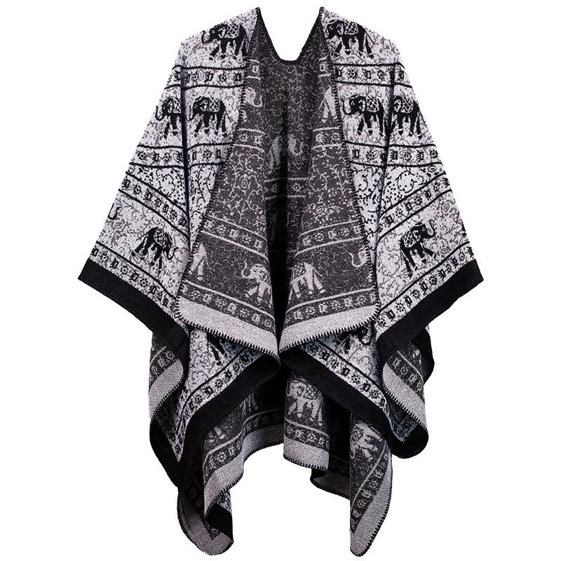Buddha Stones Tibetischer Jacquard Elefant Geometrie Muster Unisex Gemütlicher Schal Schal - Schwarz - image 0