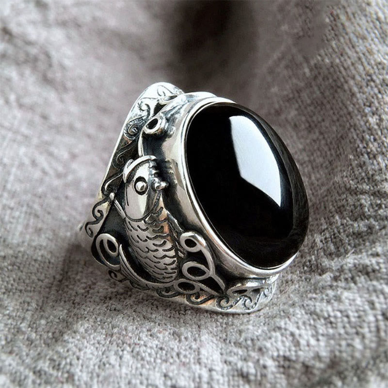 Buddha Stones Schwarzer Obsidian Koi Fisch Symbol Stärke Verstellbarer Ring - Schwarzer Obsidian - image 0