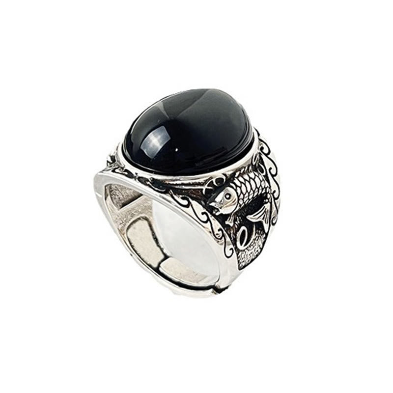 Buddha Stones Schwarzer Obsidian Koi Fisch Symbol Stärke Verstellbarer Ring - image 3