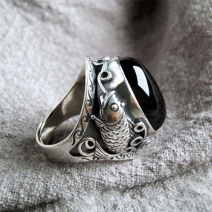 Buddha Stones Schwarzer Obsidian Koi Fisch Symbol Stärke Verstellbarer Ring - image 2