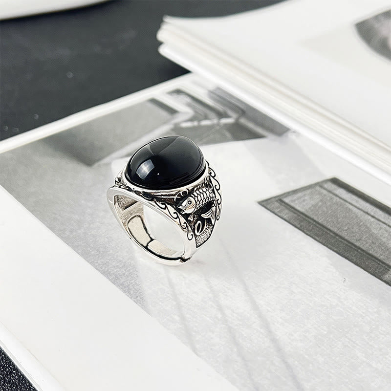 Buddha Stones Schwarzer Obsidian Koi Fisch Symbol Stärke Verstellbarer Ring - image 8