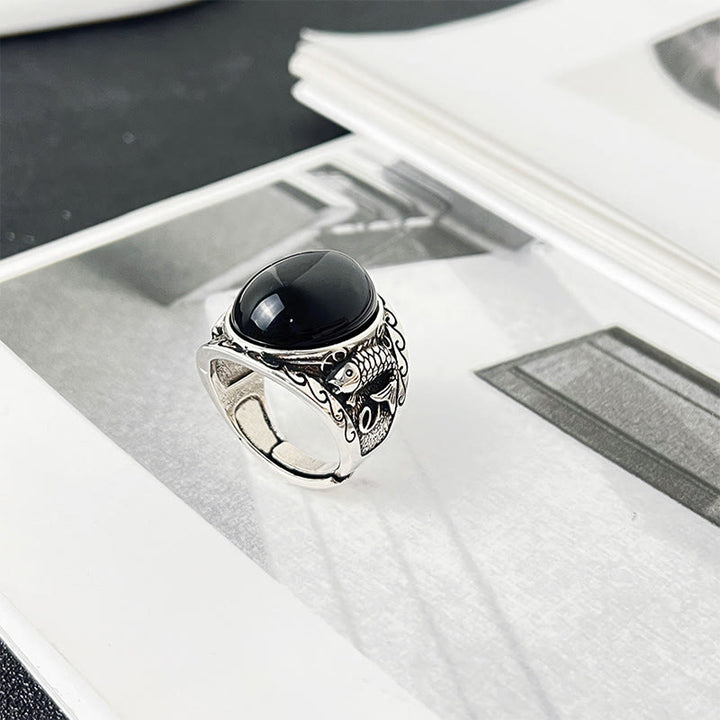 Buddha Stones Schwarzer Obsidian Koi Fisch Symbol Stärke Verstellbarer Ring - image 8