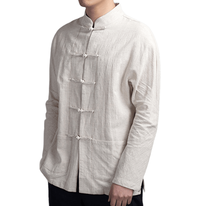 Buddha Stones Einfarbig Casual Frosch-Knopf Herrenhemd Kleidung - image 3