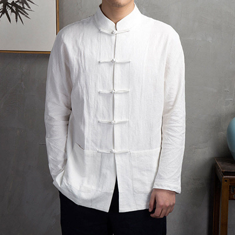 Buddha Stones Einfarbig Casual Frosch-Knopf Herrenhemd Kleidung - image 5